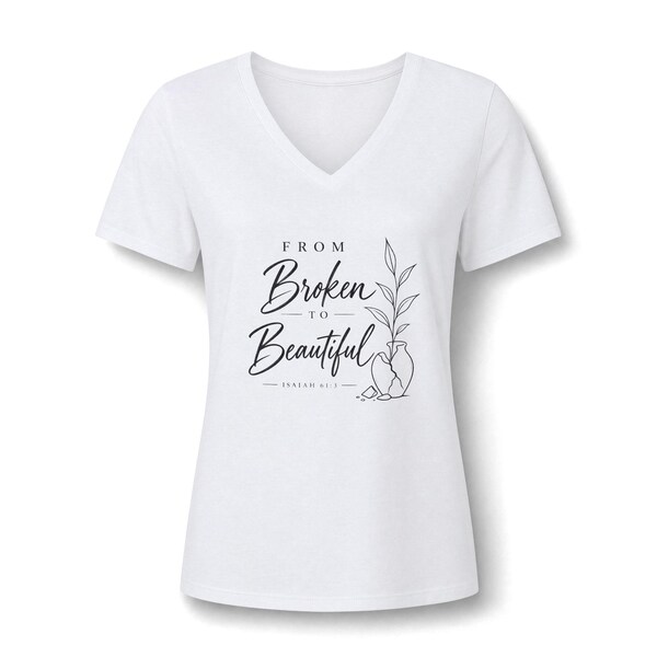 May include: A white V-neck t-shirt featuring a black graphic print on the chest. The design includes the text "FROM Broken TO Beautiful" above "ISAIAH 61:3" and a line drawing of a cracked vase with a leafy plant growing out of it.