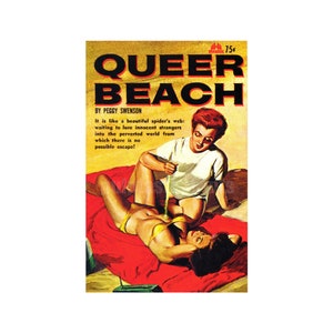 Queer Beach print met lesbiennes — vintage papierpulp paperback omslagrepro