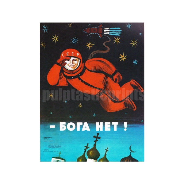 No God! Vintage USSR Anti-Religion Poster: Cosmonaut Gherman Titov Print