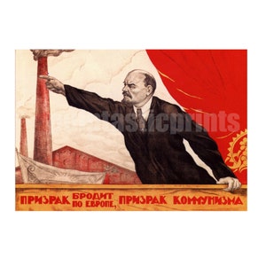 May include: A vintage propaganda poster featuring a man in a suit pointing towards a factory with a red flag in the background. The text on the poster reads "ПРИЗРАК БРОДИТ ПО ЕВРОПЕ, ПРИЗРАК КОММУНИЗМА".