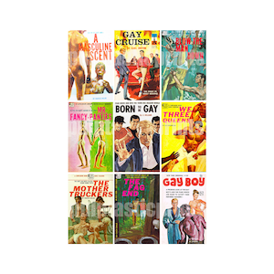 Gay pulp art collage grid — 9 gay pulp paperback covers in one print!