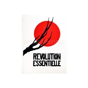 May include: A black silhouette of a tree branch against a red circle with the text "Revolution Essentielle" below.