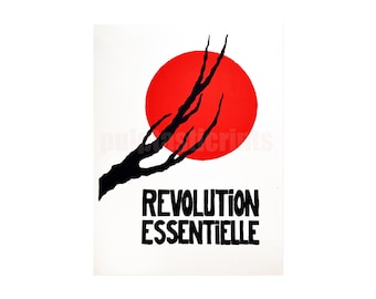 May include: A black silhouette of a tree branch against a red circle with the text "Revolution Essentielle" below.