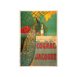 Manifesto pubblicitario vintage del pavone di Cognac Jacquet — stampa in stile art nouveau/cibo e bevande/pubblicità di liquori