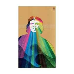 May include: A colorful abstract portrait of Che Guevara with a red star on his beret. The portrait is made up of rainbow stripes and a blue and green wave pattern.