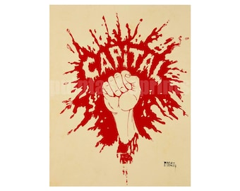 May include: A red fist raised in the air with the word "CAPITAL" in red letters surrounded by red splatters on a beige background. The text "WACHA" and "STENCIL" is in black at the bottom of the image.