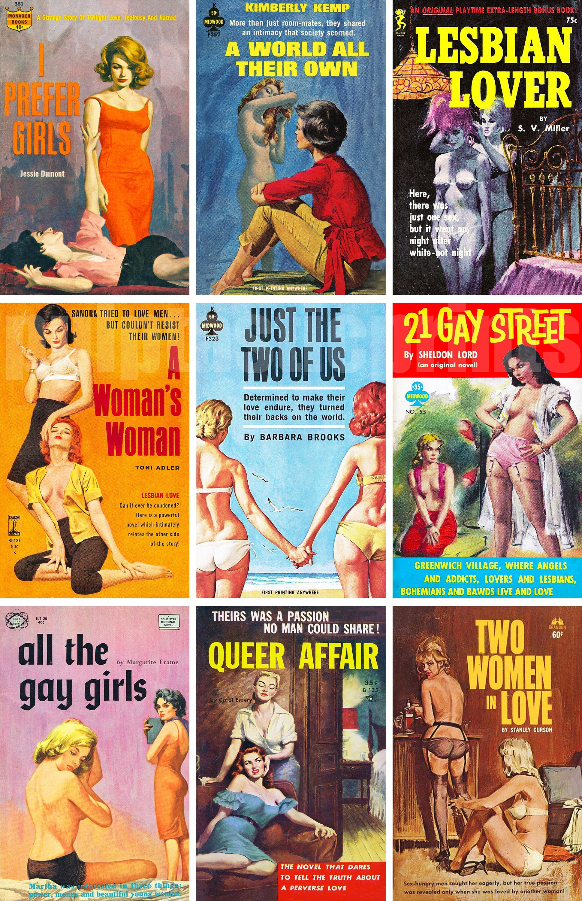 Lesbian pulp vintage art print—collage of 9 pulp paperback covers