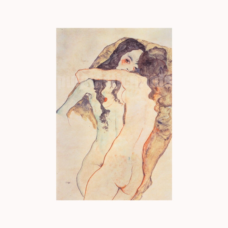 Egon Schiele lesbisk konsttryck: Två kvinnor som omfamnar varandra bild 1
