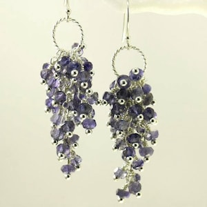 AAA Iolite Cluster Earrings, Violet Iolite Waterfall Earrings, Cluster Sterling Silver Earrings, Waterfall Earrings