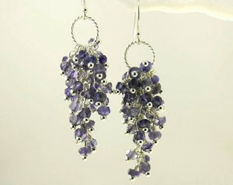 AAA Iolite Cluster Earrings, Violet Iolite Waterfall Earrings, Cluster Sterling Silver Earrings, Waterfall Earrings