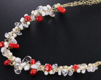 Red and White Coral, Rock Quartz, and White Turquoise Gold Filled Wire Crochet Necklace