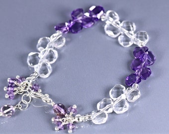 Amethyst and Rock Quartz Patterned Sterling Silver Bracelet, Purple and Clear Quartz Bracelet