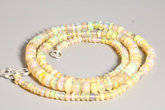 Ethiopian Welo Opal Necklace, Smooth Rondelle Ethiopian Opal Necklace, 19 Inches Sterling Silver Clasp Necklace, Opal Beaded Necklace
