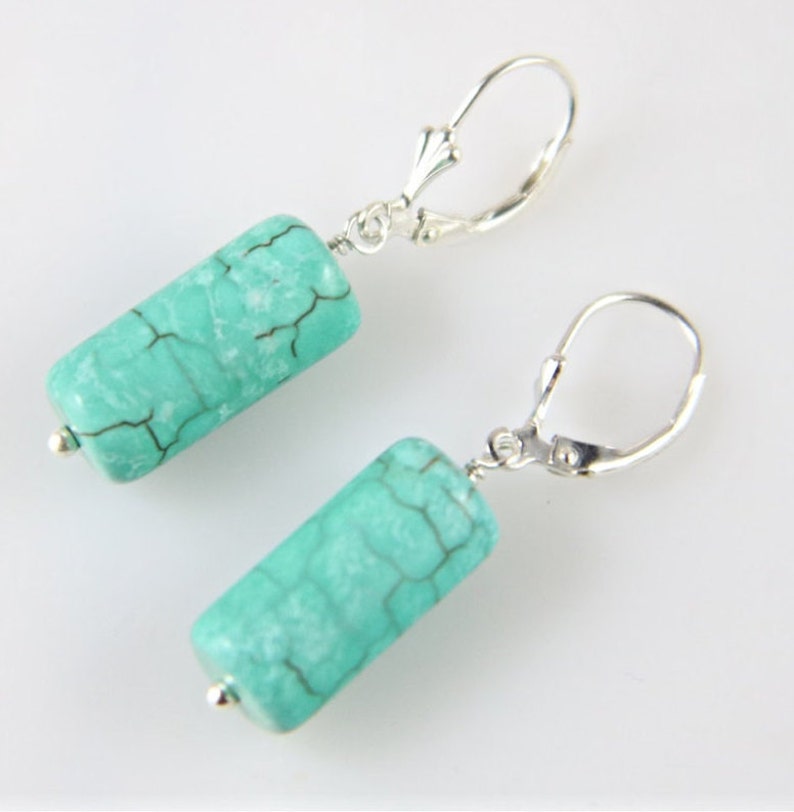 Green Turquoise sterling silver lever back earrings, Simple Green Earrings image 3