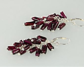 Red Garnet Cluster Sterling Silver Earrings, Red Gemstone Bead Earrings