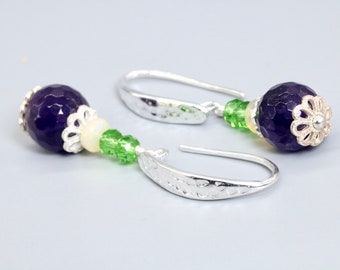 Purple Amethyst silver Earrings, Green Quartz, Welo Opal Dangle Sterling Silver Earrings, Amethyst Quartz Opal Earrings, Purple Earrings