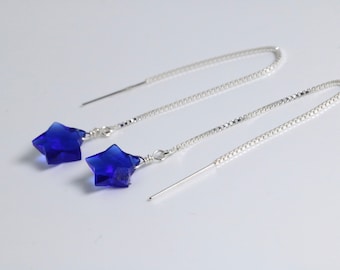 Vivid Blue Kyanite Sterling Silver Threader Earrings, Blue Quartz Threader Earrings, Star Earrings, Cobalt Blue Star Earrings
