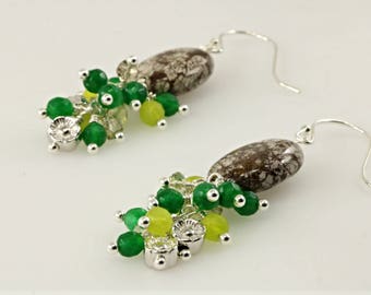 Brown Gemstone Earrings, Gemstone Cluster Earrings, Green Peridot Cluster Earrings, Sterling Silver Bead Cluster Earrings,