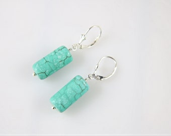 Green Turquoise sterling silver lever back earrings, Simple Green Earrings