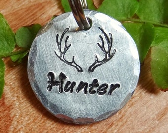 Tiny ID Tag, Personalized ID Tag, Stamped ID Tag,Small Dog Tag, Cat Tag,Horse Bridle Tag,Collar Tag,Cat Name Tag,Small Pet Tag,Hunter,Antler