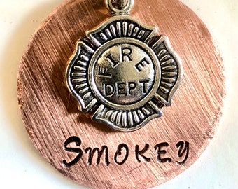 Firefighter Dog Tag, Copper Dog Tag, Personalized ID Tag With Fire Department Dog Collar Name, Sparky, Ember, Blaze, Arson, Smokey, Smoky