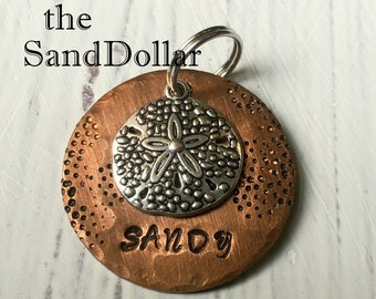 No Jingle! Sand Dollar Dog Tag, Dog Collar Tag, Seashell, Copper Dog Tag, Personalized Dog Tag, Pet ID Tag, Cat Tag,Cat ID Tag, Dog Name Tag