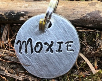 Tiny Stamped Metal Pet ID Tag, Lightweight and Small For Dog or Cat, Personalized with Name & Number, KISS, simple name tag