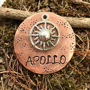 Sun Dog Tag, Copper Dog Tag, Personalized Dog Tag, Dog Name Tag, Sun Dog Collar Tag,Sun Dog Tag Flame Blaze Inferno Apollo Helios Sunshine