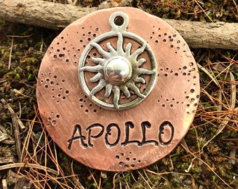 Sun Dog Tag, Copper Dog Tag, Personalized Dog Tag, Dog Name Tag, Sun Dog Collar Tag,Sun Dog Tag Flame Blaze Inferno Apollo Helios Sunshine