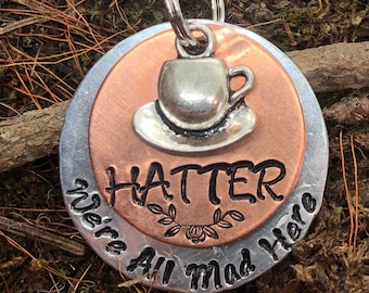 Alice In Wonderland ID Tag, Personalized Dog Tag, Pet ID Tag, We're all mad here, Mad Hatter, Dog Collar Name Tag