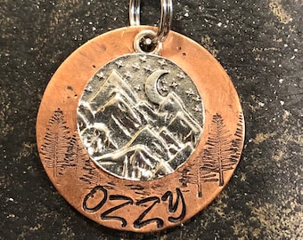 Mountain Dog Tag, Personalized Dog Collar Name Tag, Pet ID, Copper Tag with Mountain and Moon Charm, Denali, Shasta, Sierra, Summit