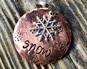 Snowflake Dog Collar Tag, Dog Tag for Dogs Husky Sled dog, Custom ID Tag Pet Alaskan, Snowy, Blizzard, Stormy, Winter, Frosty, Frozen Elsa