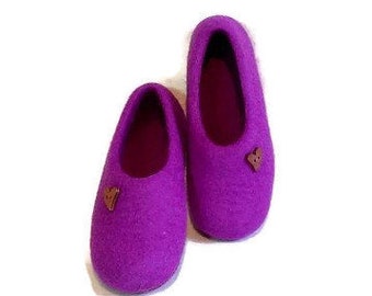 Purple wool slippers for children, Unisex Felted slippers for kids