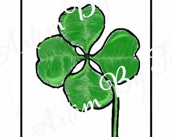 May include: A green four-leaf clover with a stem, surrounded by a white background and a black border. The text reads: "May joy and peace surround you, contentment latch your door, and happiness be with you now and bless you evermore!"  The text is in black and the signature "Artem By Faith" is in black at the bottom of the image.