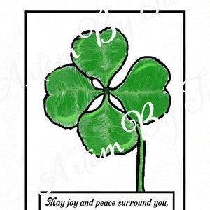 Lucky Four-Leaf Clover met Ierse zegen blanco binnenkaart, downloadbare 5x7 Volledige kaartafdruk past op elke A7-envelop.