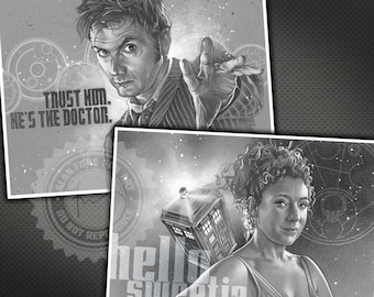 Impresiones en blanco y negro de Doctor Who: impresiones originales de David Tennant como el Décimo Doctor y Alex Kingston como River Song de Doctor Who