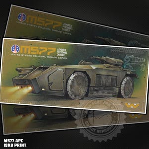 May include: An illustration of an M577 Armored Personnel Carrier, a military vehicle, in shades of green and gray. The text "M577 APC 18x8 Print" is visible at the bottom. The vehicle is labeled "United States Colonial Marine Corps".