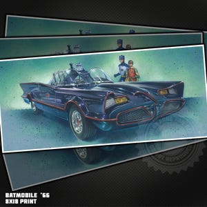 May include: A blue and black 1966 Batmobile with a red stripe, Batman and Robin standing behind the car. The car is on a blue and green background. The image is a print.