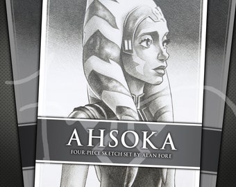 Ahsoka: 4-Piece Print Set of Sketches of the Jedi Padawan from Star Wars The Clone Wars and Star Wars Rebels