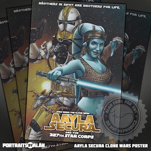 Aayla Secura and the 327th Star Corps 12x18 Poster Print - Original Star Wars The Clone Wars Movie Style Poster Print with Clone Trooper Bly