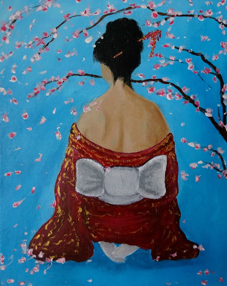 Japanese Kimono Woman Painting Cherry Blossom Tree Sakura | Etsy