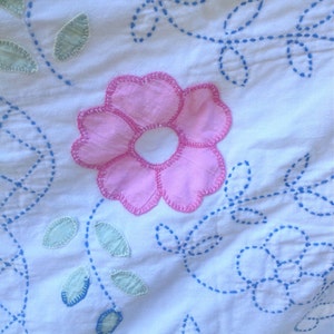 SALE! Vintage Cotton Hand Stitched Quilt with pastel flower appliques