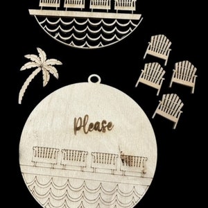 May include: A wooden sign with the word "beach" and a row of chairs on a wave design. The sign also says "Please" in cursive. There are additional wooden chairs in the background.