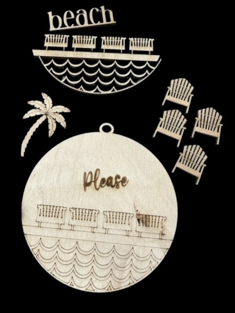 May include: A wooden sign with the word "beach" and a row of chairs on a wave design. The sign also says "Please" in cursive. There are additional wooden chairs in the background.