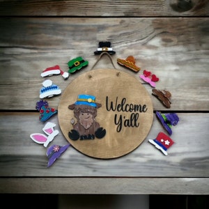 Welcome Yall Highland Cow, 18 in round sign, home Decor, Interchangeable Highland Cow Interchangeable Sign, Interchangeable,All seasons sign
