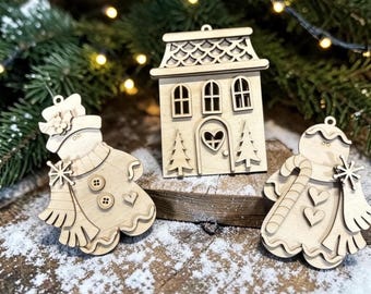 DIY Christmas Ornament Kit, Unfinished Wood Snowman & Gingerbread House, Snowman Ornament,  Gingerbread House, Snowman Scarfs DIY