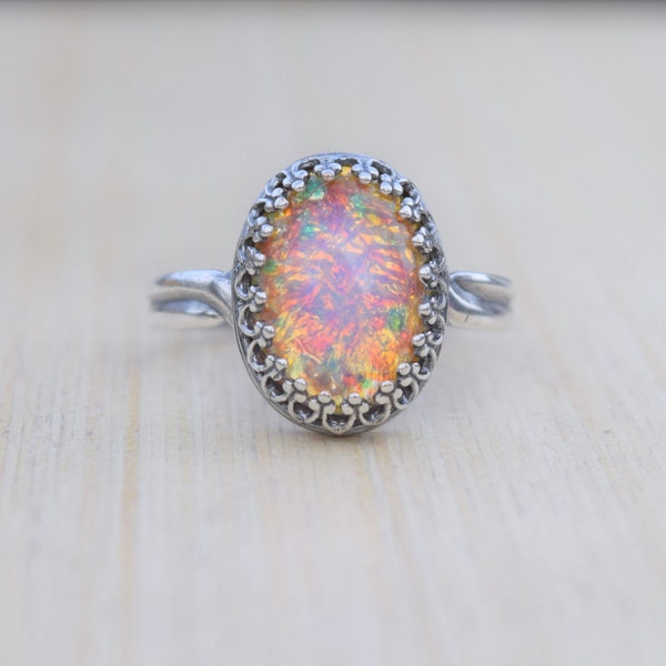 Fire Opal Ring, Vintage Fire Opal, Adjustable Ring, Opal Ring, Glass Fire Opal Ring, Silver Fire Opal Ring