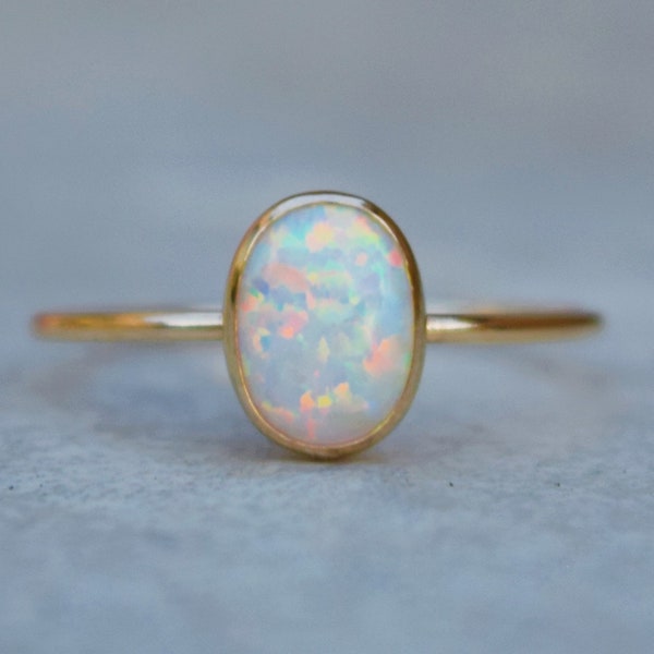 Gold Opal Ring, Oval Lab Opal Ring, 14K Gold Filled Stacking Ring