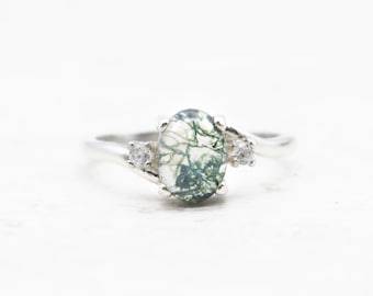Sterling Silver Moss Agate Ring, Oval Gemstone, Cubic Zirconia Accents