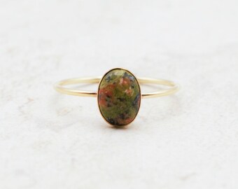 Unakite Ring, Genuine Gemstone, Hypoallergenic, Natural Gemstone, Delicate Ring, Stacking Ring, Gold Filled Ring,